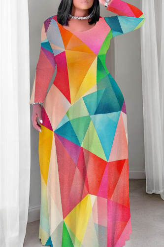 Red Blue Geometry Print Long Sleeve O Neck Floor Length Loose Vacation Baggy Maxi T Shirt Dress
