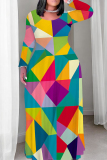 Red Blue Geometry Print Long Sleeve O Neck Floor Length Loose Vacation Baggy Maxi T Shirt Dress