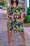 Gray Blue Casual Graphics Print V Neck Short Sleeve Loose Pockets Midi T-Shirt Dress