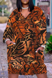 Green Leaf Print V Neck Long Sleeve Knee Length Casual Outing Plus Size Straight Loose T Shirt Midi Dresses
