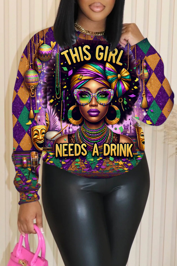 Dark Purple Graphic Print Round Neck Long Sleeve Casual Fall Winter Sweatshirts