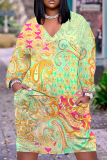 Green Leaf Print V Neck Long Sleeve Knee Length Casual Outing Plus Size Straight Loose T Shirt Midi Dresses