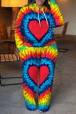 Red Tie Dye Love Print Long Sleeve Hooded Sweatshirt And Pants Sportwear Casual Two Pieces Jogger Sets