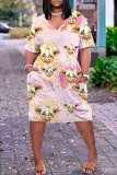 Blue Casual Love Print V Neck Short Sleeve Loose Pockets Midi T-Shirt Dress