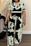 Multicolor Graphics Print O Neck Short Sleeve Oversize T-shirt And Wide Leg Pants Two Pieces Trouser Set