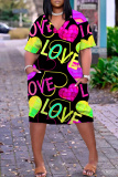 Blue Casual Love Print V Neck Short Sleeve Loose Pockets Midi T-Shirt Dress