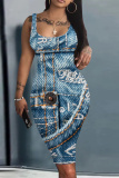 Blue Faux Denim Print U Neck Sleeveless Vacation Bodycon Midi Tank Dress