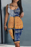 Blue Faux Denim Print U Neck Sleeveless Vacation Bodycon Midi Tank Dress