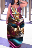 Rose Red Graphics Print Sleeveless Backless Floor Length Casual Outing Straight Loose Floral Maxi Slip Dress