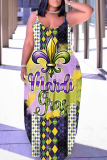 Light Purple Graphics Print Sleeveless Backless Floor Length Casual Outing Straight Loose Floral Maxi Slip Dress