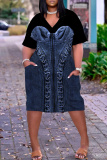 Blue Graphic Print V Neck Short Sleeve Knee Length Casual Outing Plus Size Straight Loose T Shirt Midi Dresses