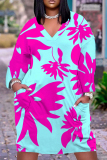 Green Leaf Print V Neck Long Sleeve Knee Length Casual Outing Plus Size Straight Loose T Shirt Midi Dresses