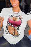 White Brown Graphics Print O Neck Short Sleeve Casual Plus Size T Shirts