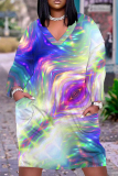 Multicolor Graphics Print Deep V Neck Long Sleeve Pocket Casual Outing Straight Loose Fit Tunic Plus Size Midi Dress