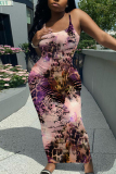 White Casual Graphics Print Sleeveless Backless Spaghetti Strap Long Bodycon Maxi Slip Dress