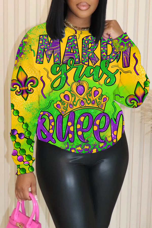 Purple Yellow Graphic Print Round Neck Long Sleeve Casual Fall Winter Sweatshirts
