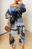 Blue Faux Denim Print Off Shoulder Long Sleeve Casual Vacation Harem Leg Jumpsuits