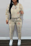 Brown Graphics Print Long Sleeve Hoodies Sweatshirt And Skinny Sweatpants Sportwear Casual Two Pieces Tracksuit Sets