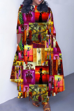 Multicolor Graphics Print O Neck 3/4 Sleeve Strap Design Belted Floor Length Plus Size Vacation Loose A Line Maxi Dress