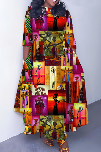 Multicolor Graphics Print O Neck 3/4 Sleeve Strap Design Belted Floor Length Plus Size Vacation Loose A Line Maxi Dress