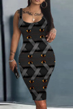 Blue Faux Denim Print U Neck Sleeveless Vacation Bodycon Midi Tank Dress