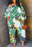 Claret Casual Graphics Print Off Shoulder Long Sleeve Vacation Harem Leg Jumpsuits