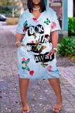 Gray Blue Casual Graphics Print V Neck Short Sleeve Loose Pockets Midi T-Shirt Dress