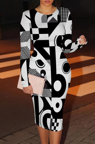 Blue Yellow Geometry Print O Neck Long Sleeve Casual Outing Bodycon Midi Dresses