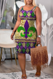 Purple Green Graphics Print U Neck Sleeveless Vacation Casual Bodycon Midi Tank Dress