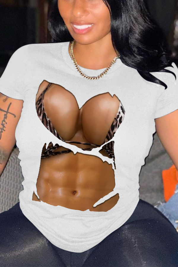 White Brown Graphics Print O Neck Short Sleeve Casual Plus Size T Shirts