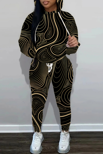Dark Khaki Graphics Print Long Sleeve Hoodies Sweatshirt And Skinny Sweatpants Sportwear Casual Two Pieces Tracksuit Sets