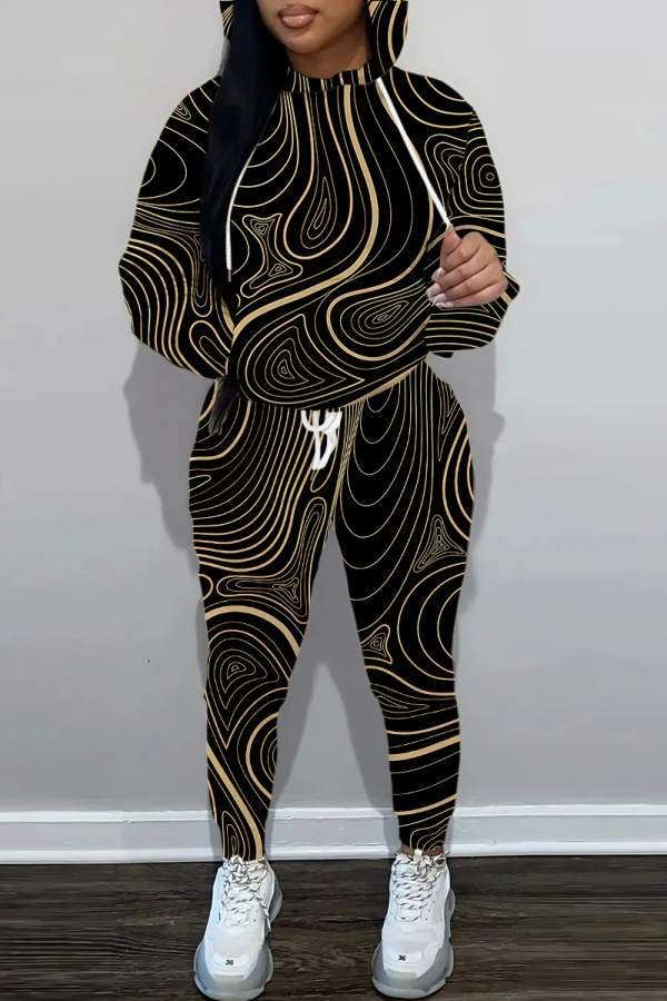 Dark Khaki Graphics Print Long Sleeve Hoodies Sweatshirt And Skinny Sweatpants Sportwear Casual Two Pieces Tracksuit Sets