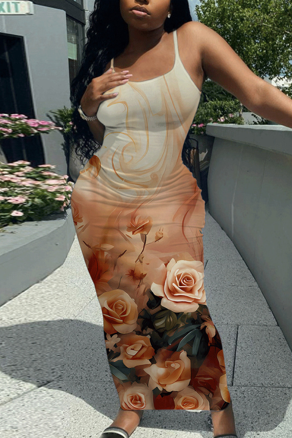 Multicolor Casual Floral Print Sleeveless Backless Spaghetti Strap Long Bodycon Maxi Slip Dress