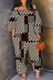 Claret Casual Graphics Print Off Shoulder Long Sleeve Vacation Harem Leg Jumpsuits