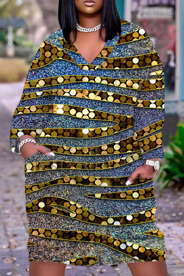 Multicolor Graphics Print Deep V Neck Long Sleeve Pocket Casual Outing Straight Loose Fit Tunic Plus Size Midi Dress