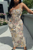 Multicolor Casual Floral Print Sleeveless Backless Spaghetti Strap Long Bodycon Maxi Slip Dress
