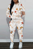 Light Beige Gray Graphics Print Long Sleeve Hoodies Sweatshirt And Skinny Sweatpants Sportwear Casual Two Pieces Tracksuit Sets
