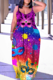 Purple Graphics Print Sleeveless Backless Floor Length Casual Outing Straight Loose Floral Maxi Slip Dress