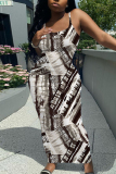 White Casual Graphics Print Sleeveless Backless Spaghetti Strap Long Bodycon Maxi Slip Dress