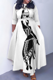 Multicolor Graphics Print O Neck 3/4 Sleeve Strap Design Belted Floor Length Plus Size Vacation Loose A Line Maxi Dress