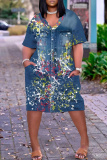 Blue Graphic Print V Neck Short Sleeve Knee Length Casual Outing Plus Size Straight Loose T Shirt Midi Dresses