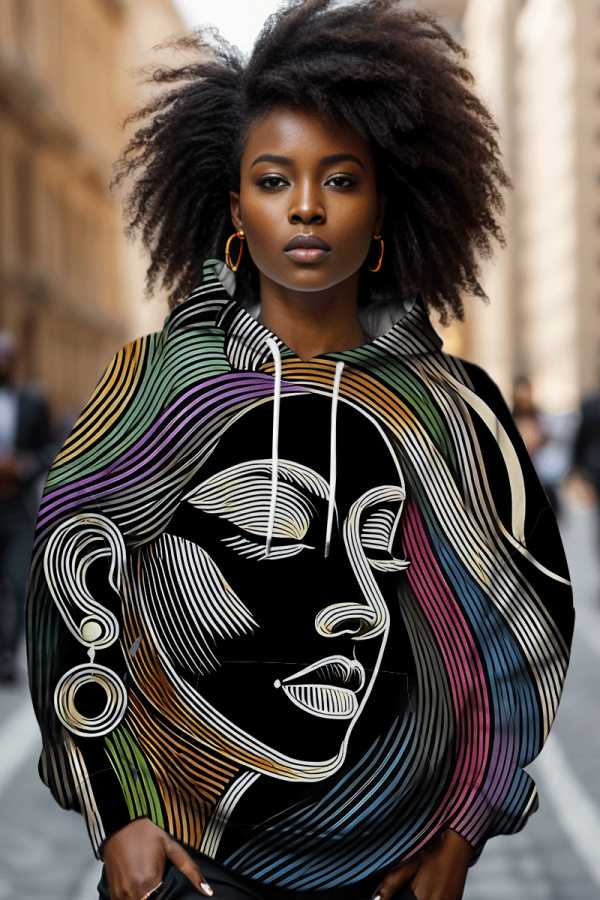 Multicolor African Figure Print Long Sleeve Draw String Street Fall Winter Hooded Sweatshirt