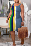 Red Blue Graphics Print U Neck Sleeveless Vacation Casual Bodycon Midi Tank Dress