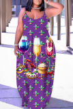 Purple Graphics Print Sleeveless Backless Floor Length Casual Outing Straight Loose Floral Maxi Slip Dress