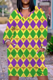 Gold Graphics Print Deep V Neck Long Sleeve Pocket Casual Outing Straight Loose Fit Tunic Plus Size Midi Dress