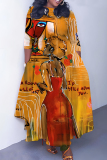 Multicolor Graphics Print O Neck 3/4 Sleeve Strap Design Belted Floor Length Plus Size Vacation Loose A Line Maxi Dress