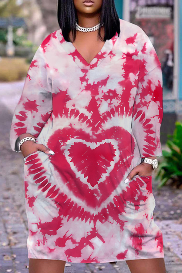 Red Love Print Deep V Neck Long Sleeve Pocket Casual Outing Straight Loose Fit Tunic Plus Size Midi Dress