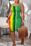 Red Blue Graphics Print U Neck Sleeveless Vacation Casual Bodycon Midi Tank Dress