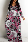Black Red Floral Print Long Sleeve V Neck Floor Length Loose Vacation Baggy Maxi Dress