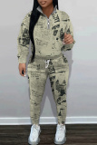 Brown Graphics Print Long Sleeve Hoodies Sweatshirt And Skinny Sweatpants Sportwear Casual Two Pieces Tracksuit Sets